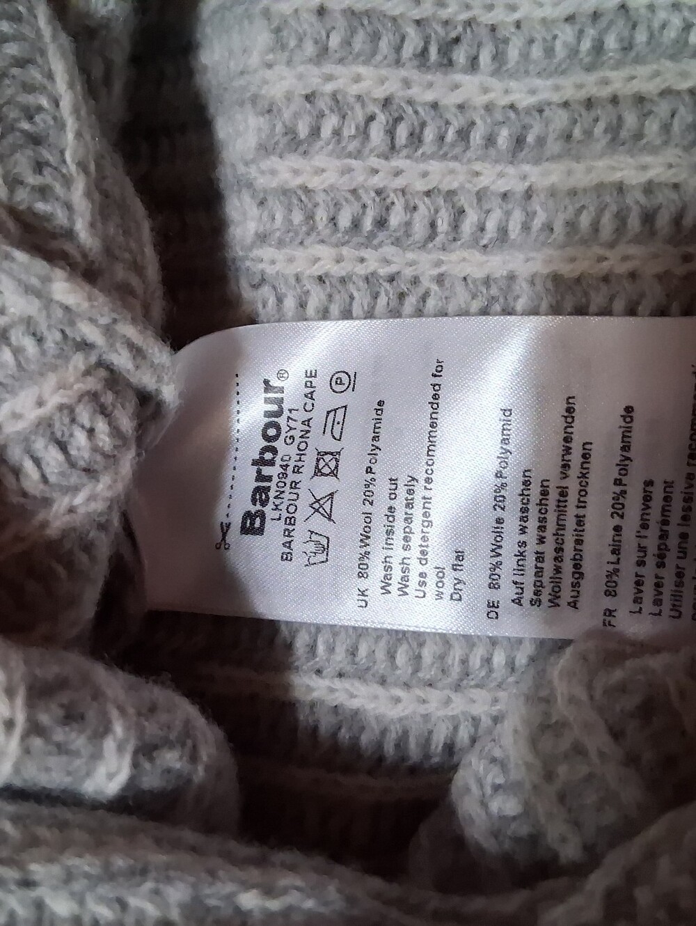 Barbour Gray Ribbed Cowl Neck Poncho Sweater, Wool Blend, Small - Picture 3 of 9